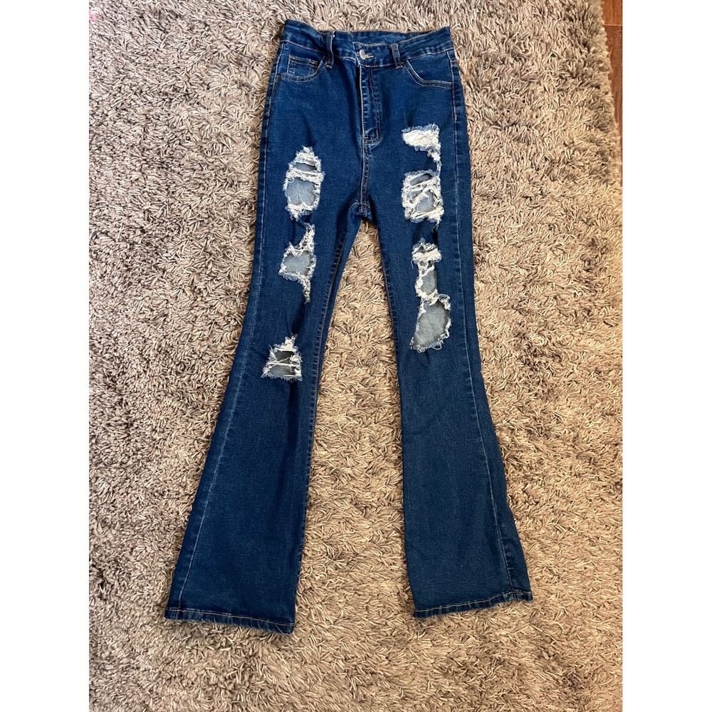 SHEIN Petite M High-Waisted Distressed Flare Jeans